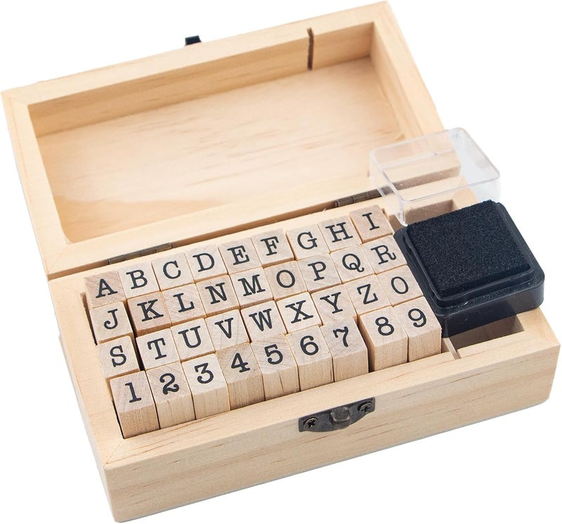 krastmon 36 Pcs Small Wooden Rubber Stamps, Wooden Box Multipurpose Number Alphabet Letter Wood Rubber Stamp for Card Making, DIY Craft, Scrapbooking Supplie, etc - Image 1